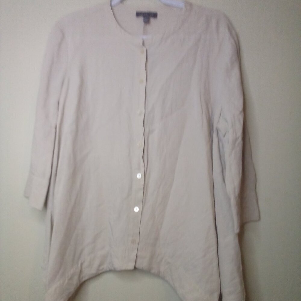 The Limited Blouse Shirt L Button Up 3/4 Sleeve Bat Wing Hem Linen Blend Tan